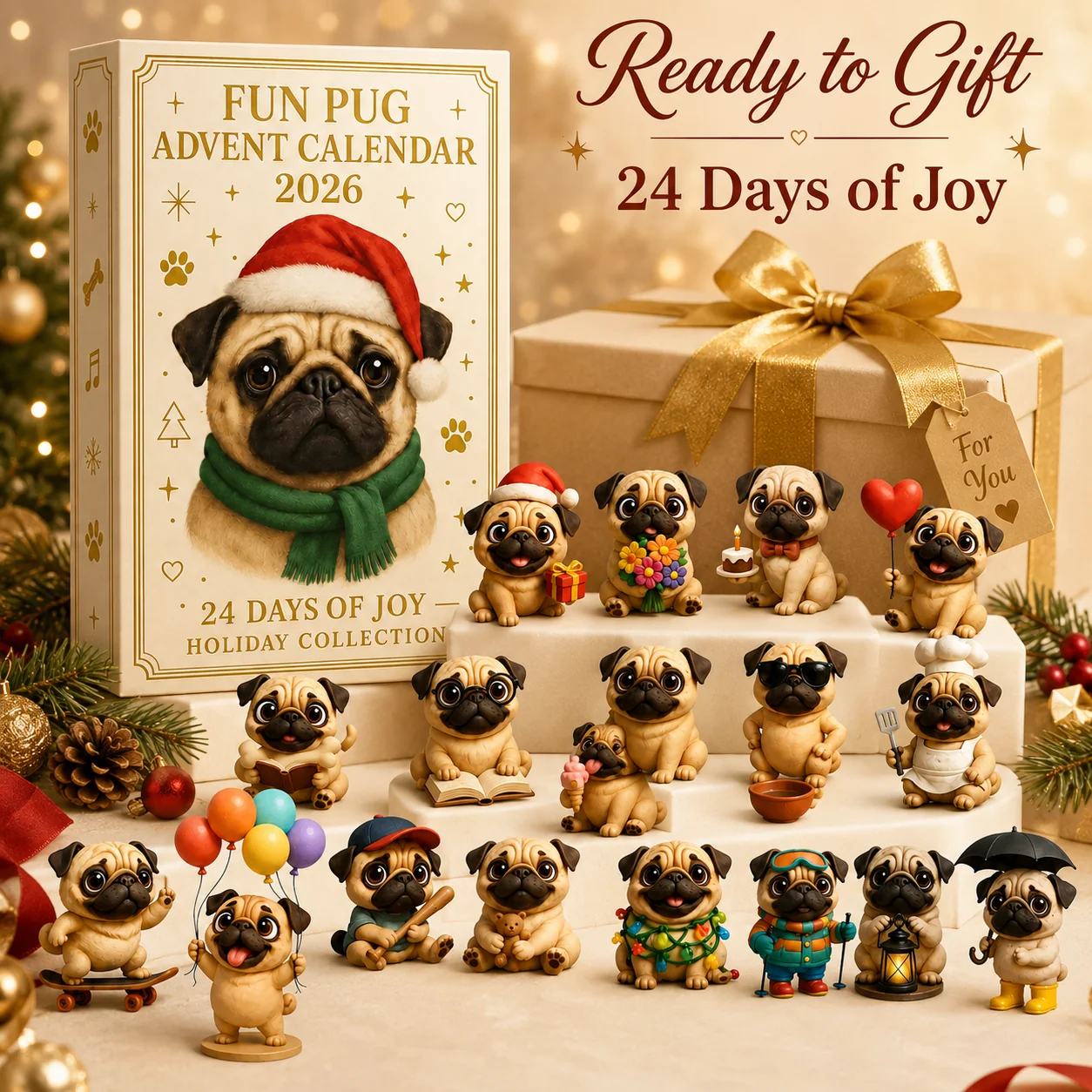 2026 Fun Pug Advent Calendar in a Christmas setting