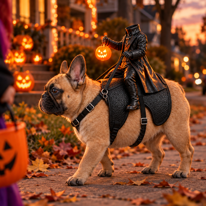 French bulldog in the headless horseman costume trick-or-treating