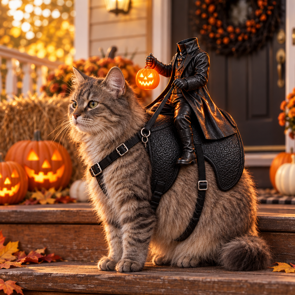 Cat in the headless horseman costume on a Halloween porch