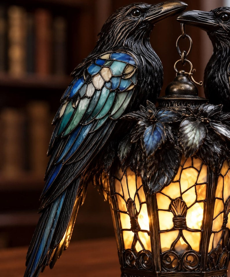 Close-up of blue and turquoise raven wing details beside the amber lantern