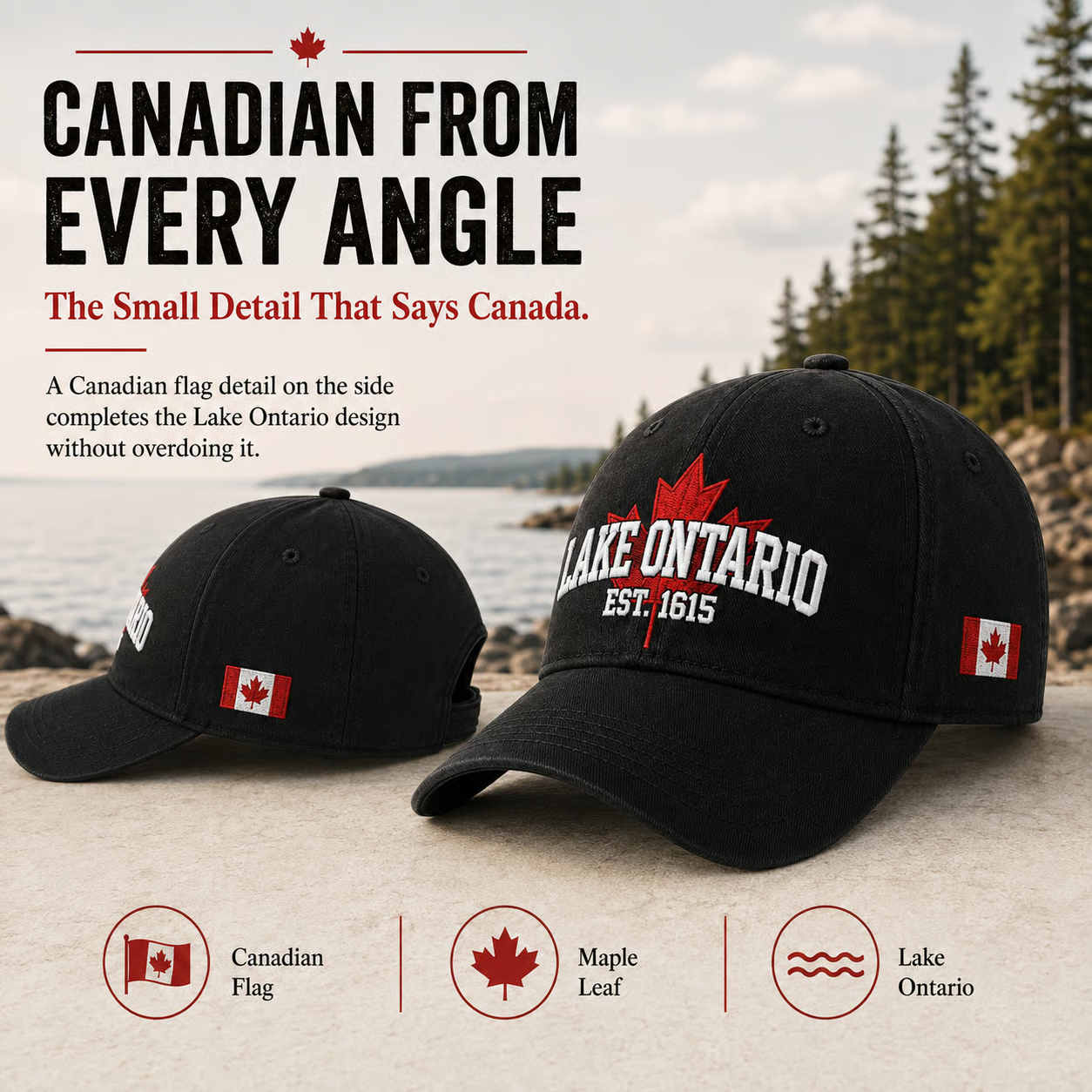 Canadian flag side detail on Lake Ontario heritage cap