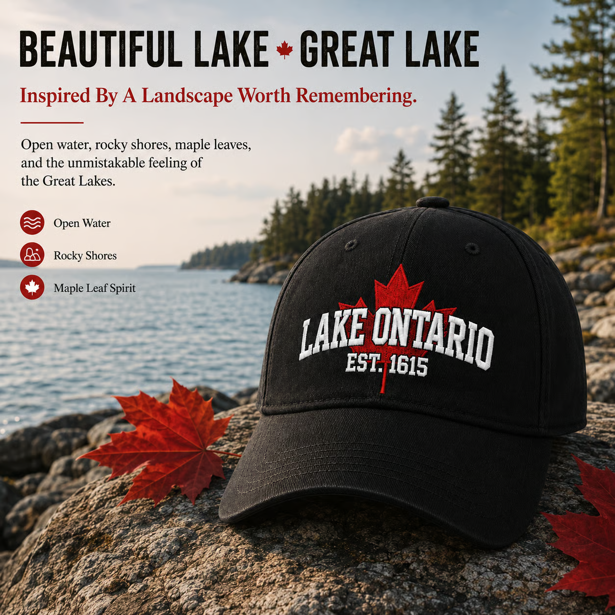 Lake Ontario cap beside open water and rocky shore