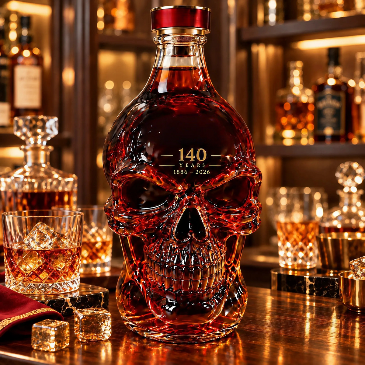 Skull-shaped commemorative bottle presented as a collector gift
