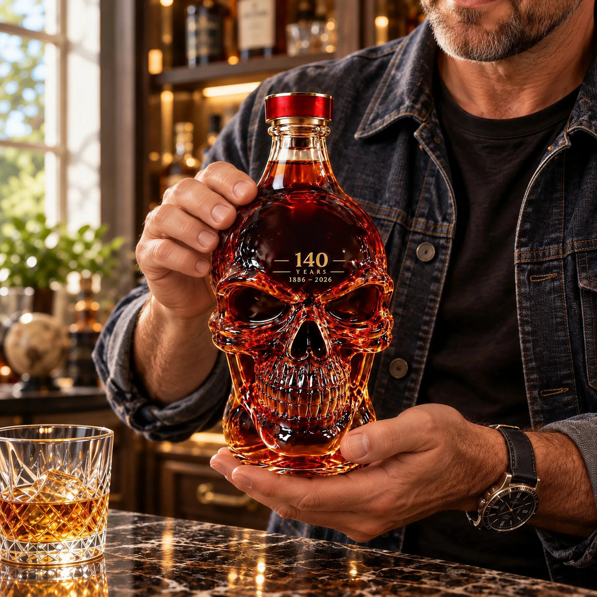 Person holding the skull-shaped commemorative whiskey bottle