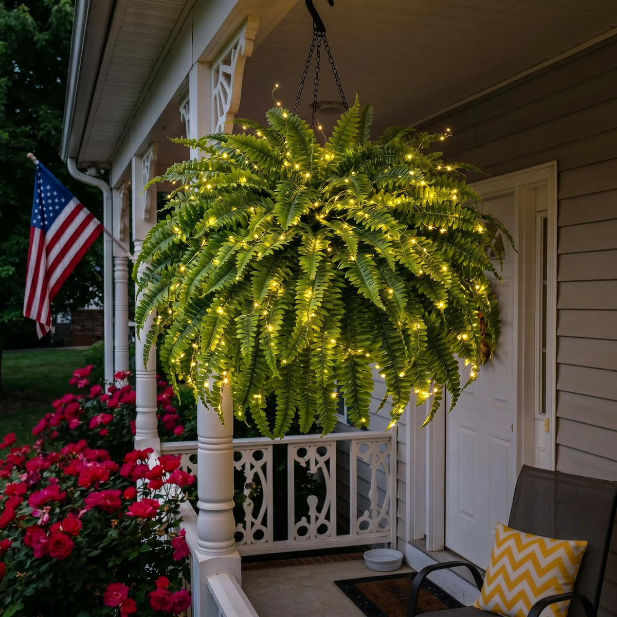 Styled lighted Boston fern hanging on a porch