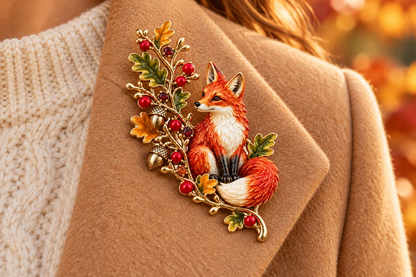 Autumn Woodland Fox 🦊 Oak & Berry Country Brooch