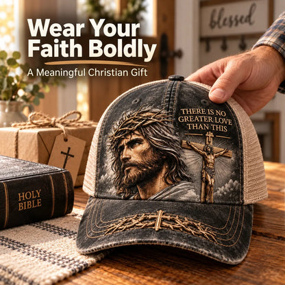 There Is No Greater Love Christian Jesus Hat – Vintage Crown of Thorns & Cross Faith Trucker Cap