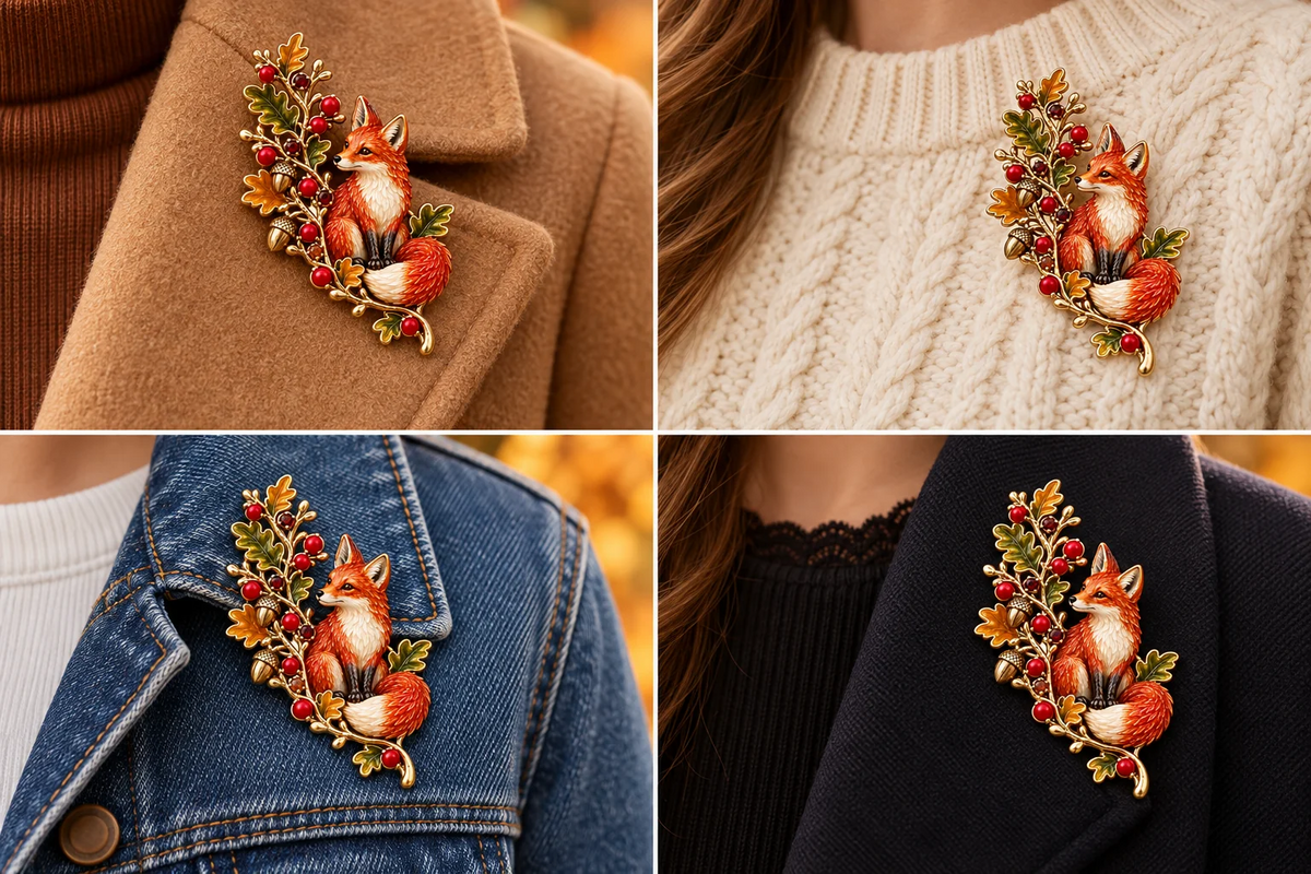 Autumn Woodland Fox 🦊 Oak & Berry Country Brooch