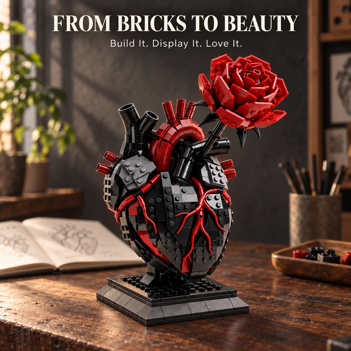 🌹 My Heart Is Still Yours – 🫀 Gothic Flaming Heart Rose Gift Brick Set