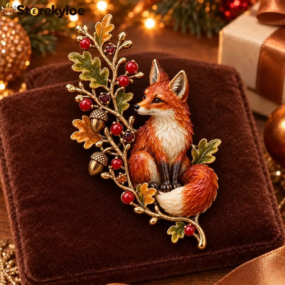 Autumn Woodland Fox 🦊 Oak & Berry Country Brooch