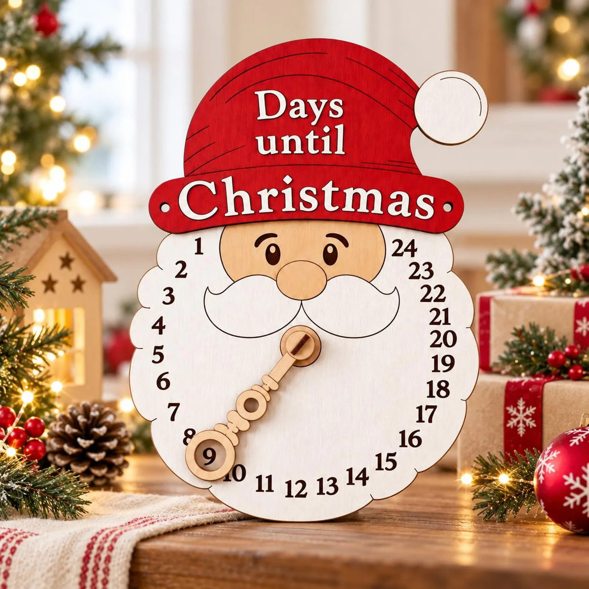 Wooden Santa Countdown Calendar, Farmhouse Christmas Wall Hanging (25cm)