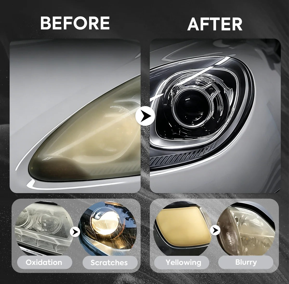 Before and after examples of cloudy and clear automotive headlight lenses