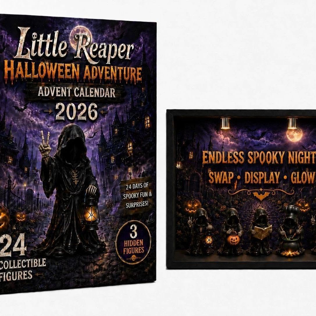 Little Reaper Halloween Advent Calendar packaging beside a styled figure display