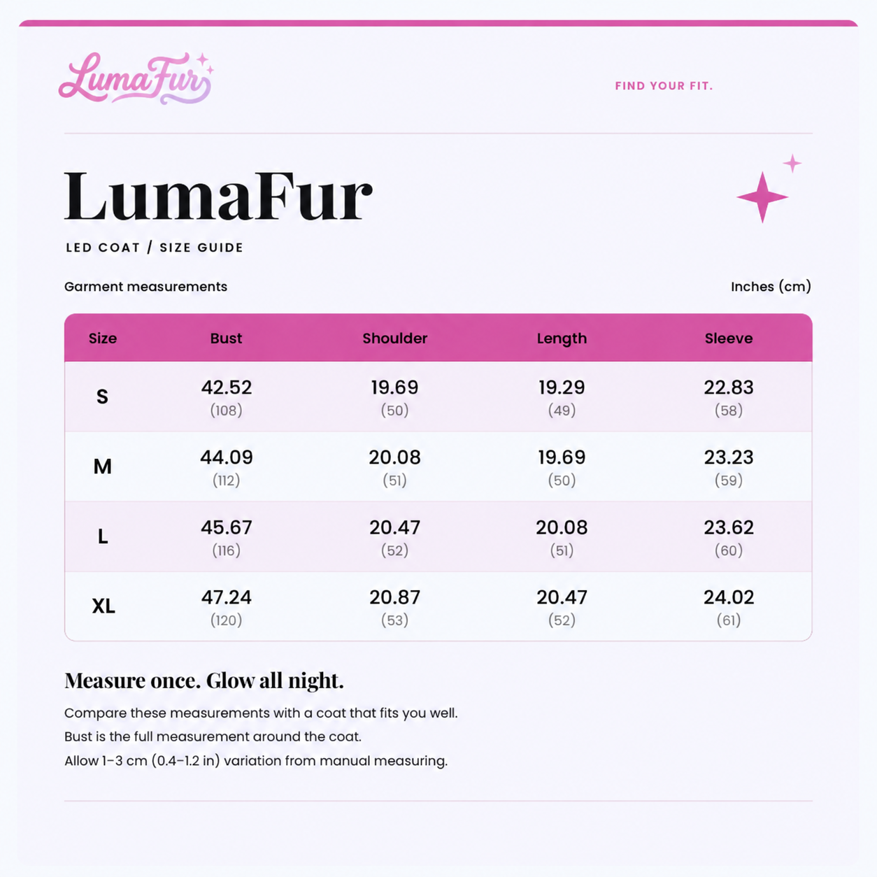 LumaFur LED Coat size guide with bust, shoulder, length, and sleeve measurements