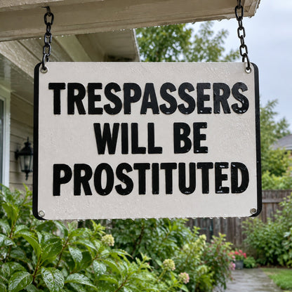 Funny Vintage Metal Sign – “Trespassers Will Be Prostituted” Warning Wall Decor 😂