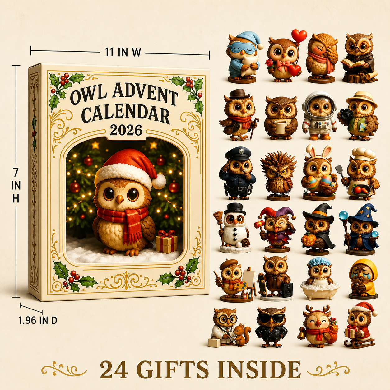 Owl Advent Calendar dimensions and included surprises