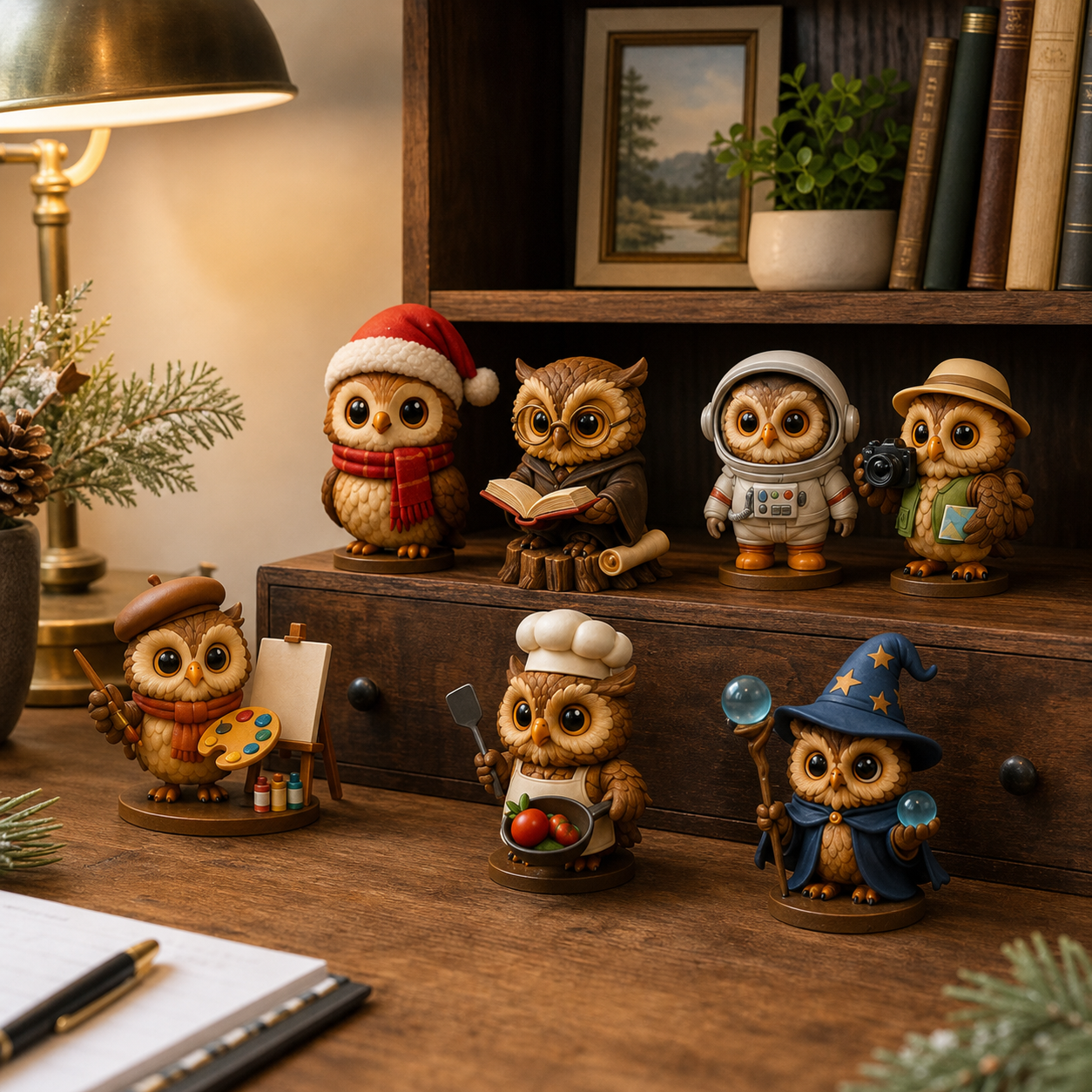 Owl miniatures displayed on a home office bookshelf