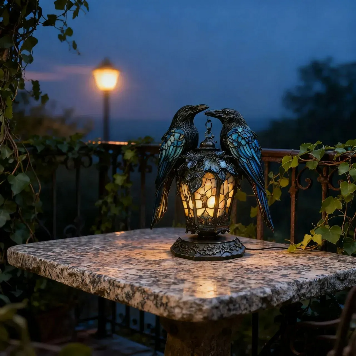Gothic Stained-Glass Raven Lantern