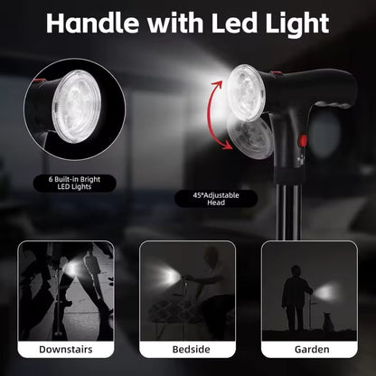 🦯💡 LIMITED-TIME 50% OFF! Multifunction Folding Walking Cane – Built-In Light, Emergency Alarm, Quad Base & 5-Level Height Adjustment
