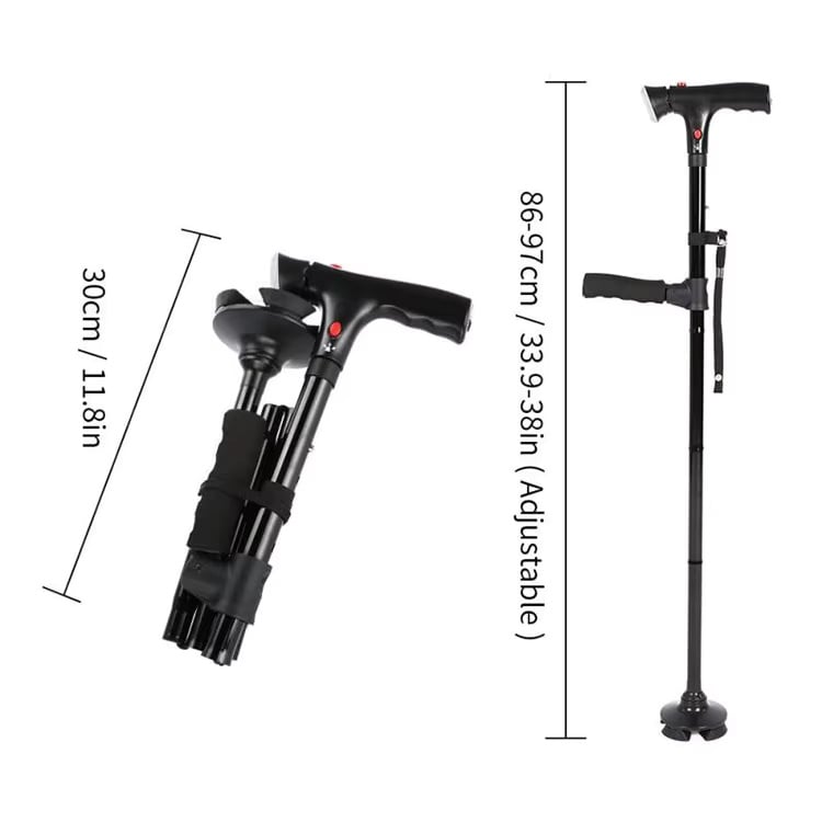 🦯💡 LIMITED-TIME 50% OFF! Multifunction Folding Walking Cane – Built-In Light, Emergency Alarm, Quad Base & 5-Level Height Adjustment