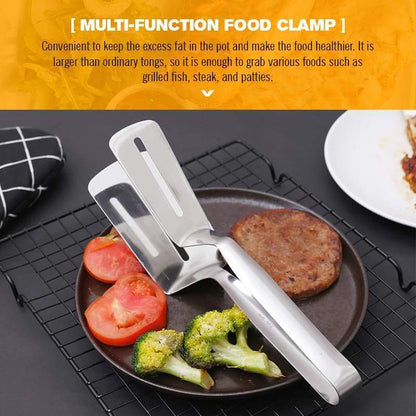 🍳🔧 3-in-1 cooking clamp – grab, flip, scrape, and drain oil easily!