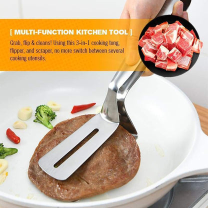 🍳🔧 3-in-1 cooking clamp – grab, flip, scrape, and drain oil easily!