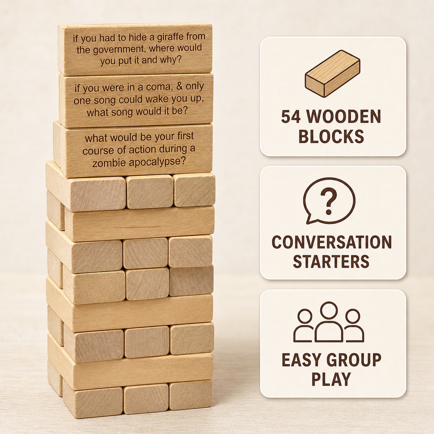 😆Ice Breaker Questions Tumbling Tower Game