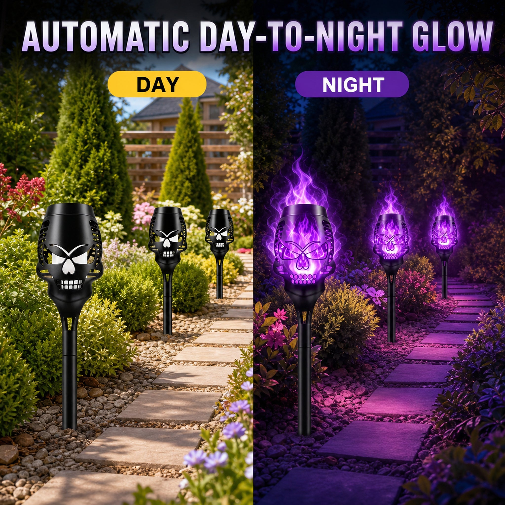 Solar skull pathway lights charging by day and glowing purple automatically at night