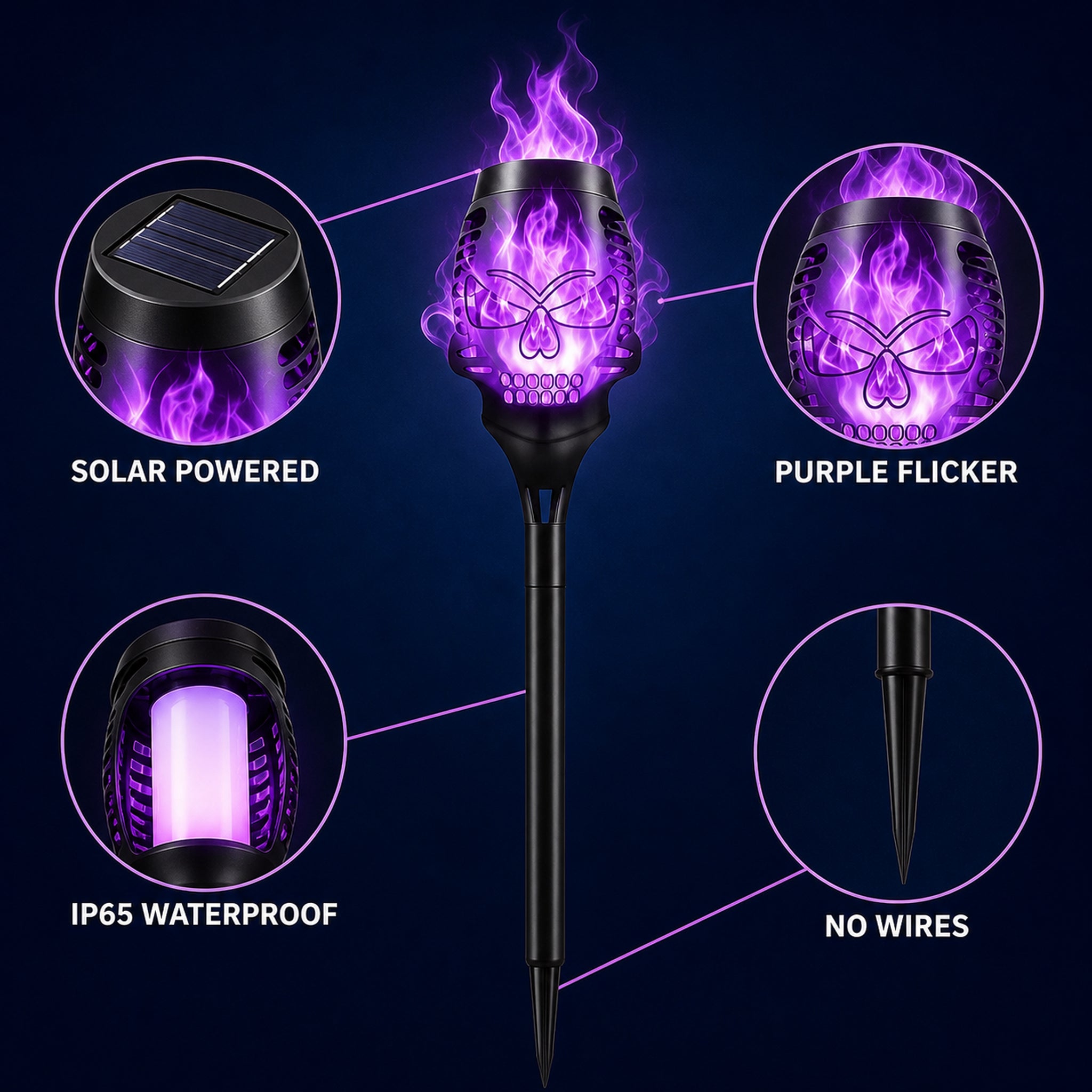 Solar skull pathway light with purple flicker, IP65 waterproof construction, and wire-free ground stake
