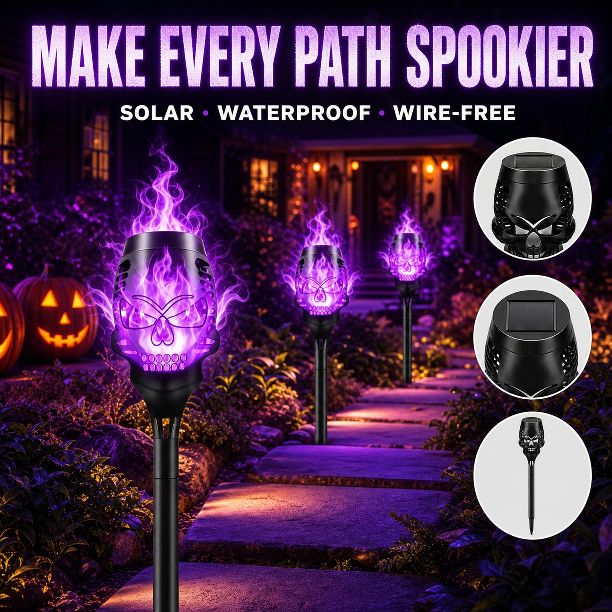 Halloween walkway lined with solar waterproof wire-free purple skull flame lights