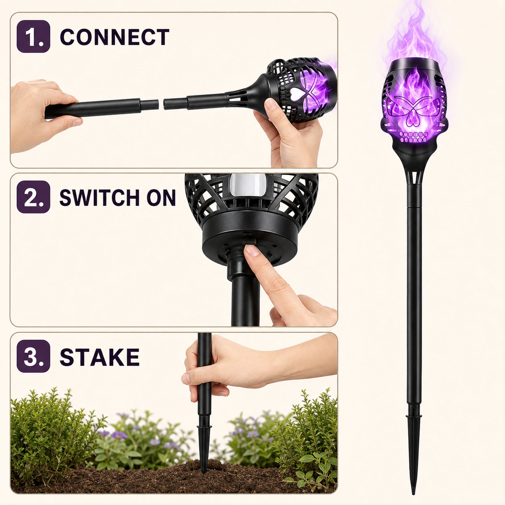 Three-step setup showing how to connect, switch on, and stake the solar skull light