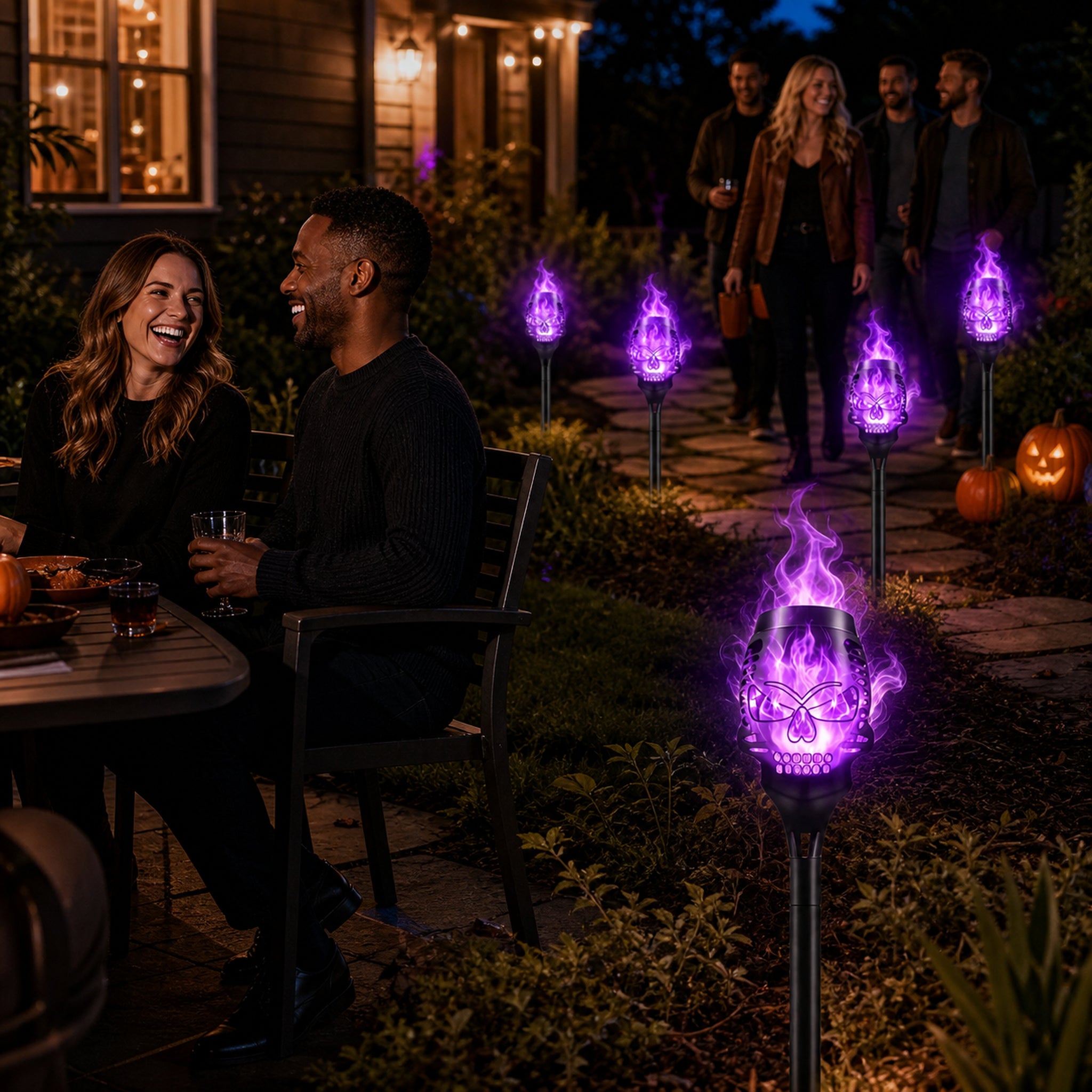 Halloween guests enjoying a walkway lined with purple flickering skull lights