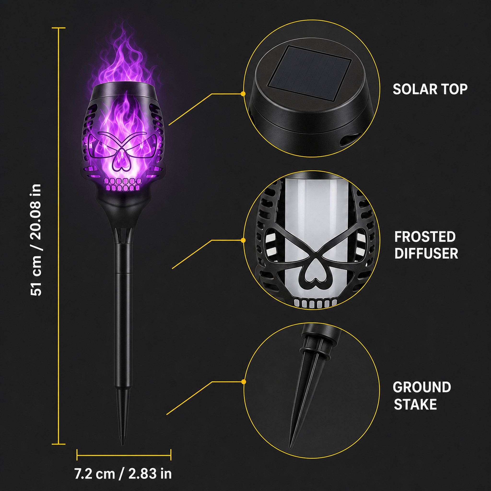 Solar skull light measurements with solar top, frosted diffuser, and ground stake details