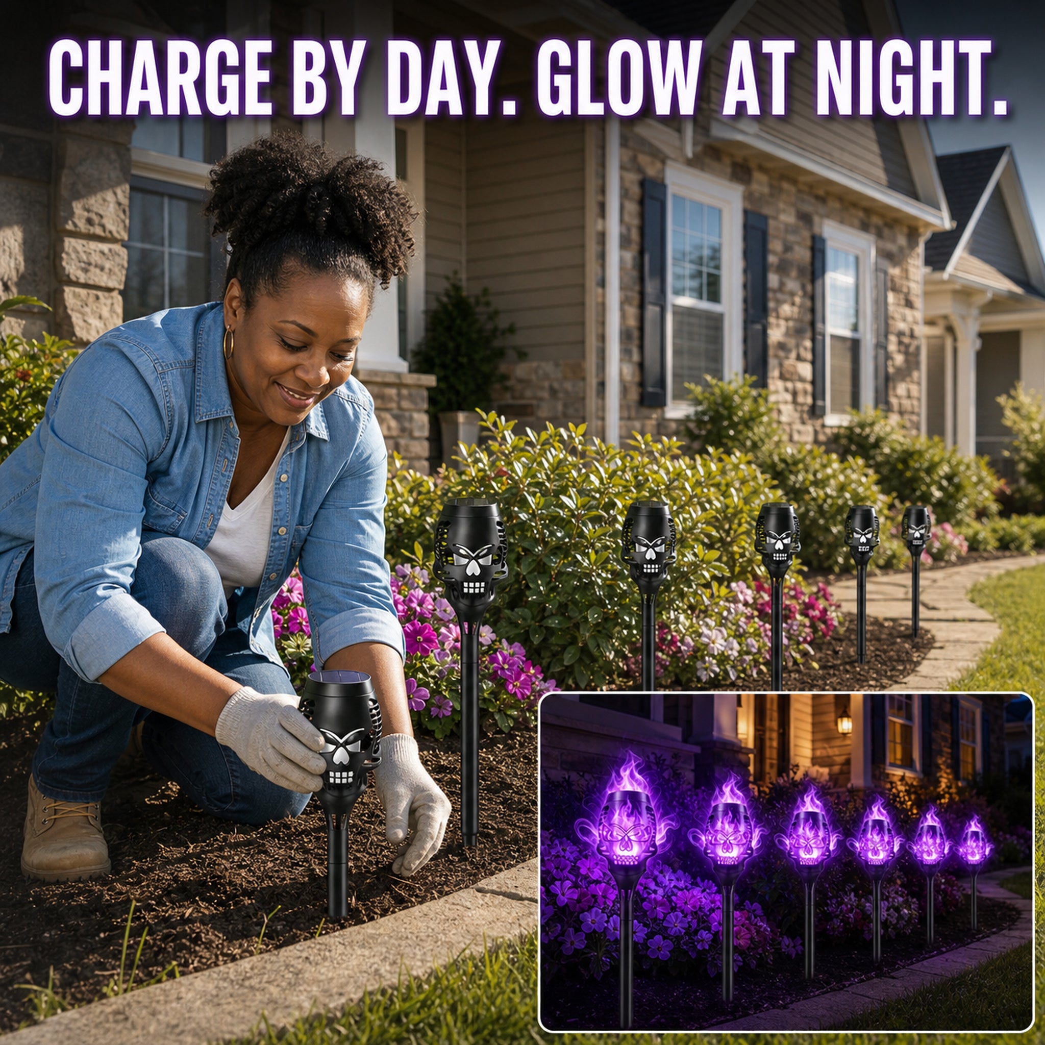 Homeowner placing solar skull lights in a garden for automatic nighttime glow