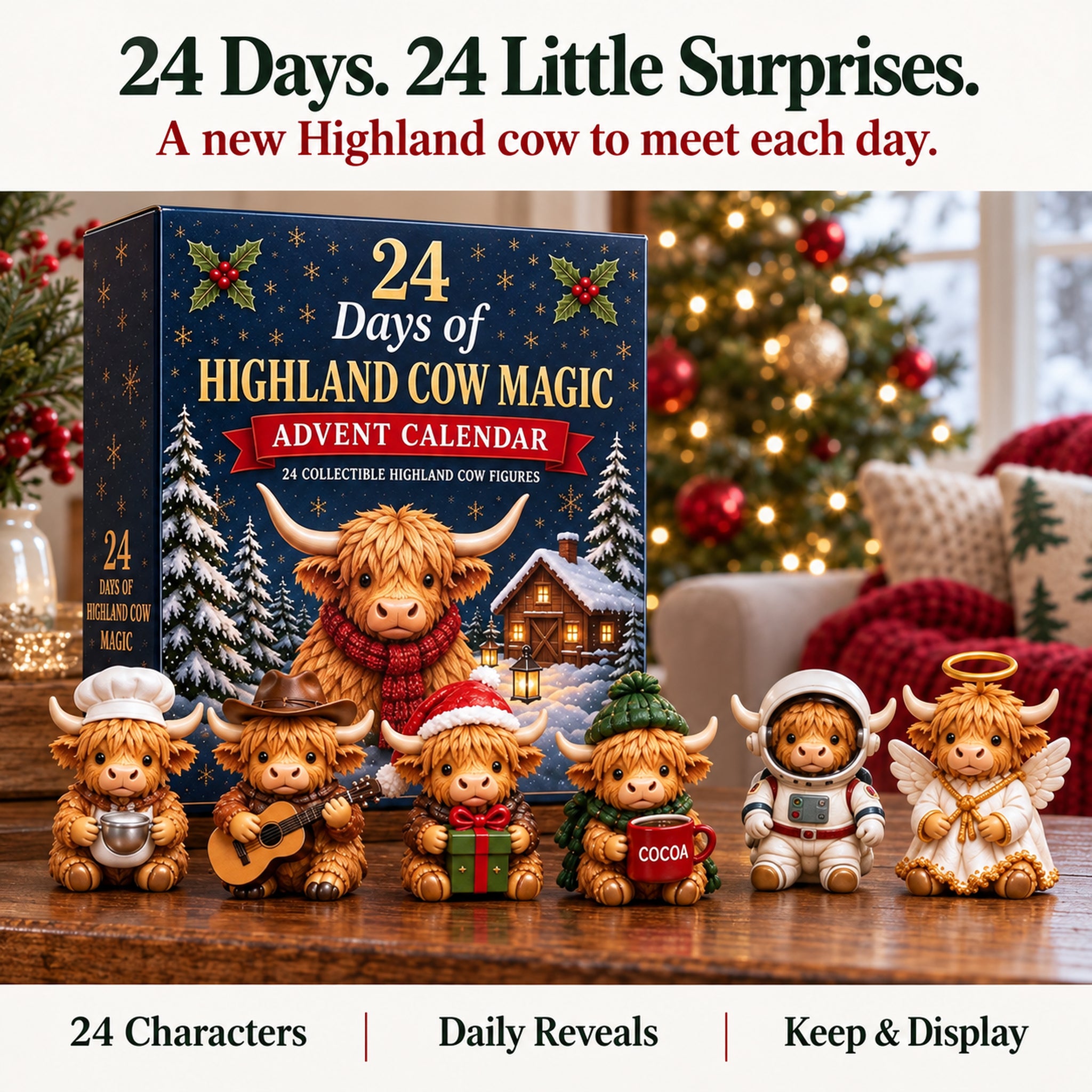 Highland cow advent calendar with a selection of collectible cow characters