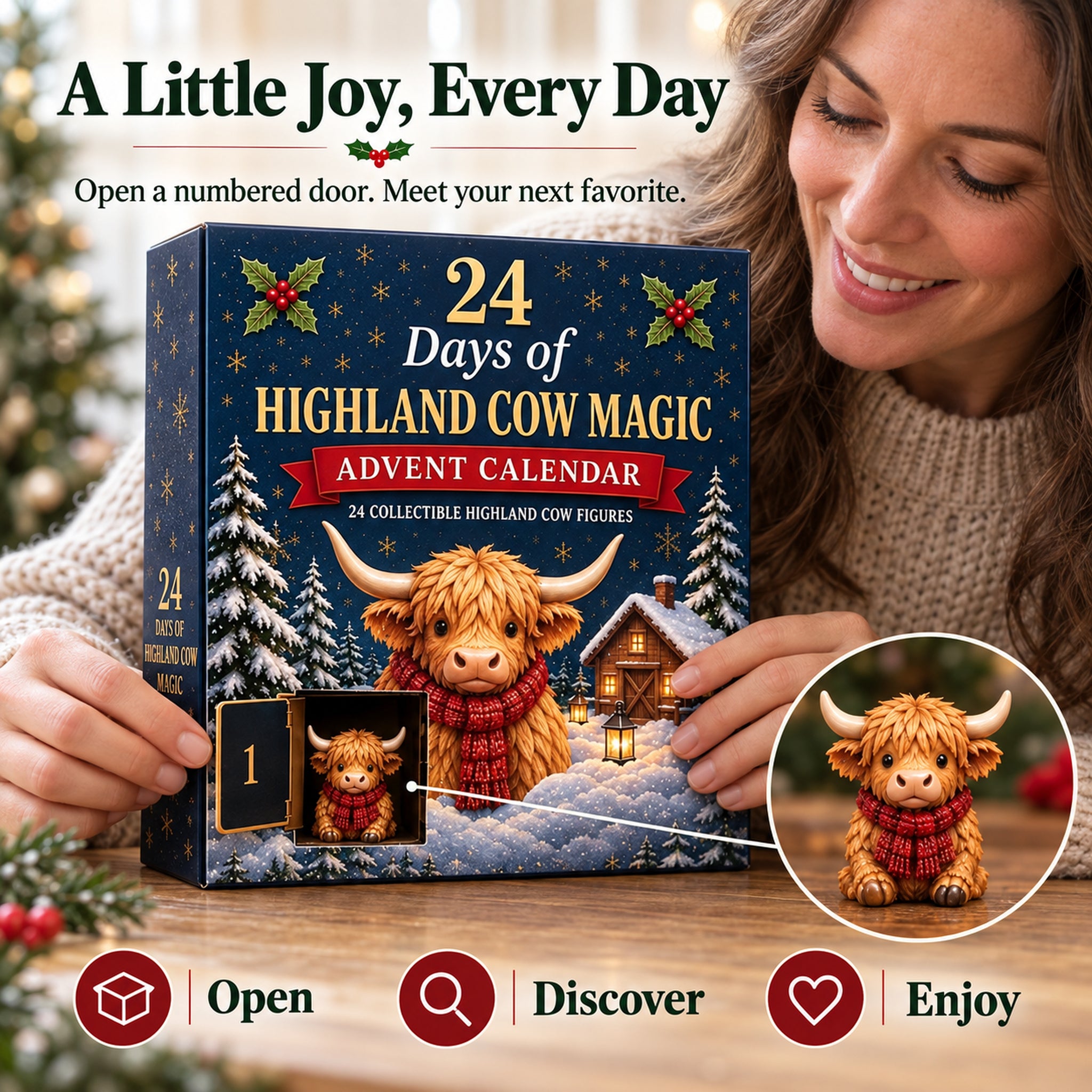Woman opening the Highland cow advent calendar to discover the first character