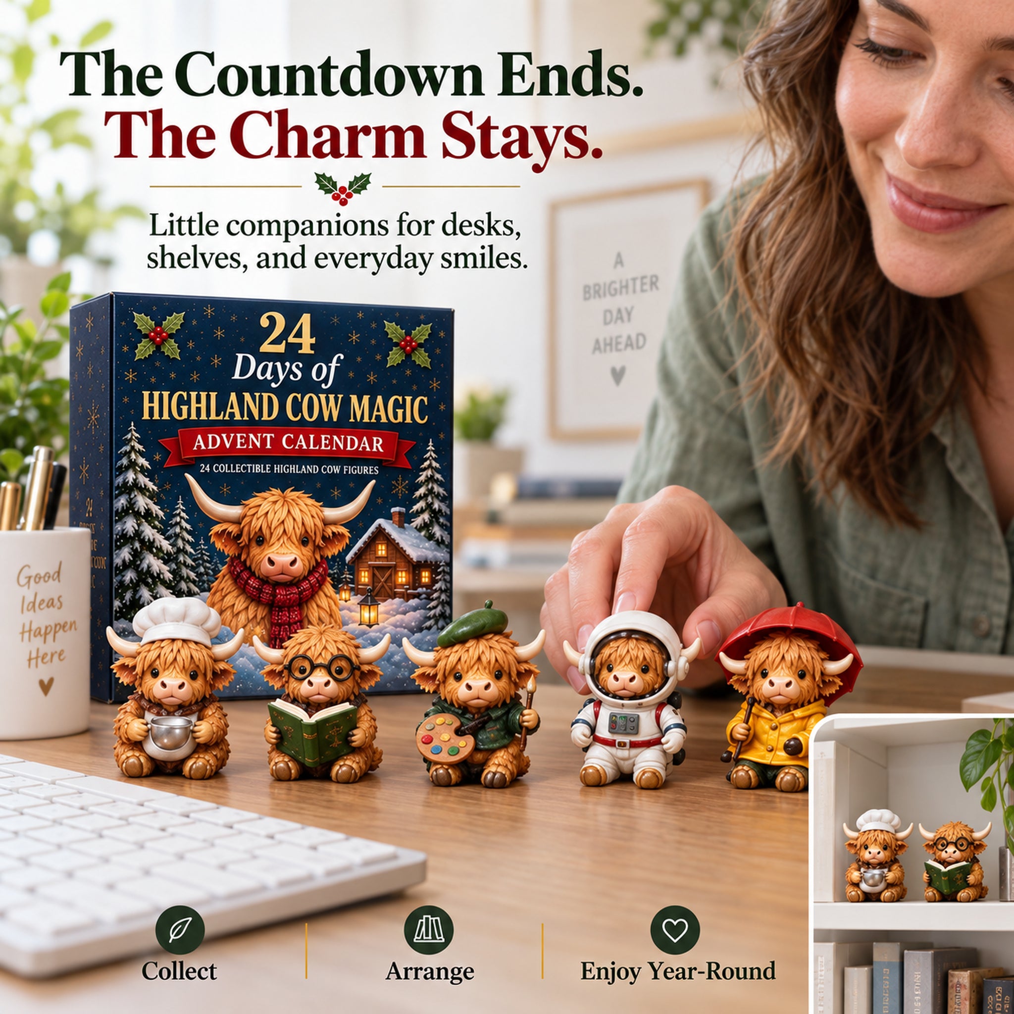 Highland cow figures displayed on a desk after the holiday countdown
