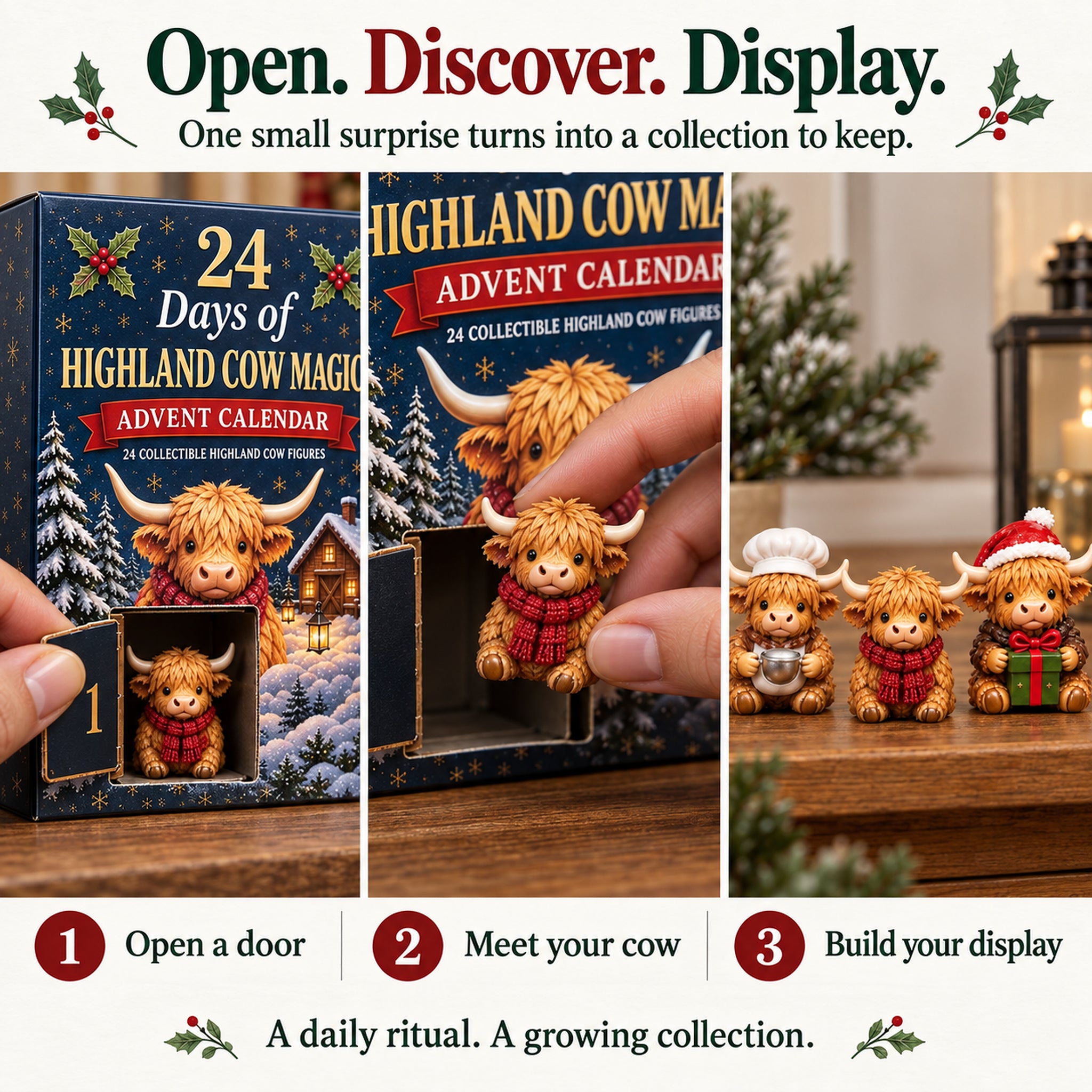 Three simple steps showing how to open a door, discover a cow, and build a display