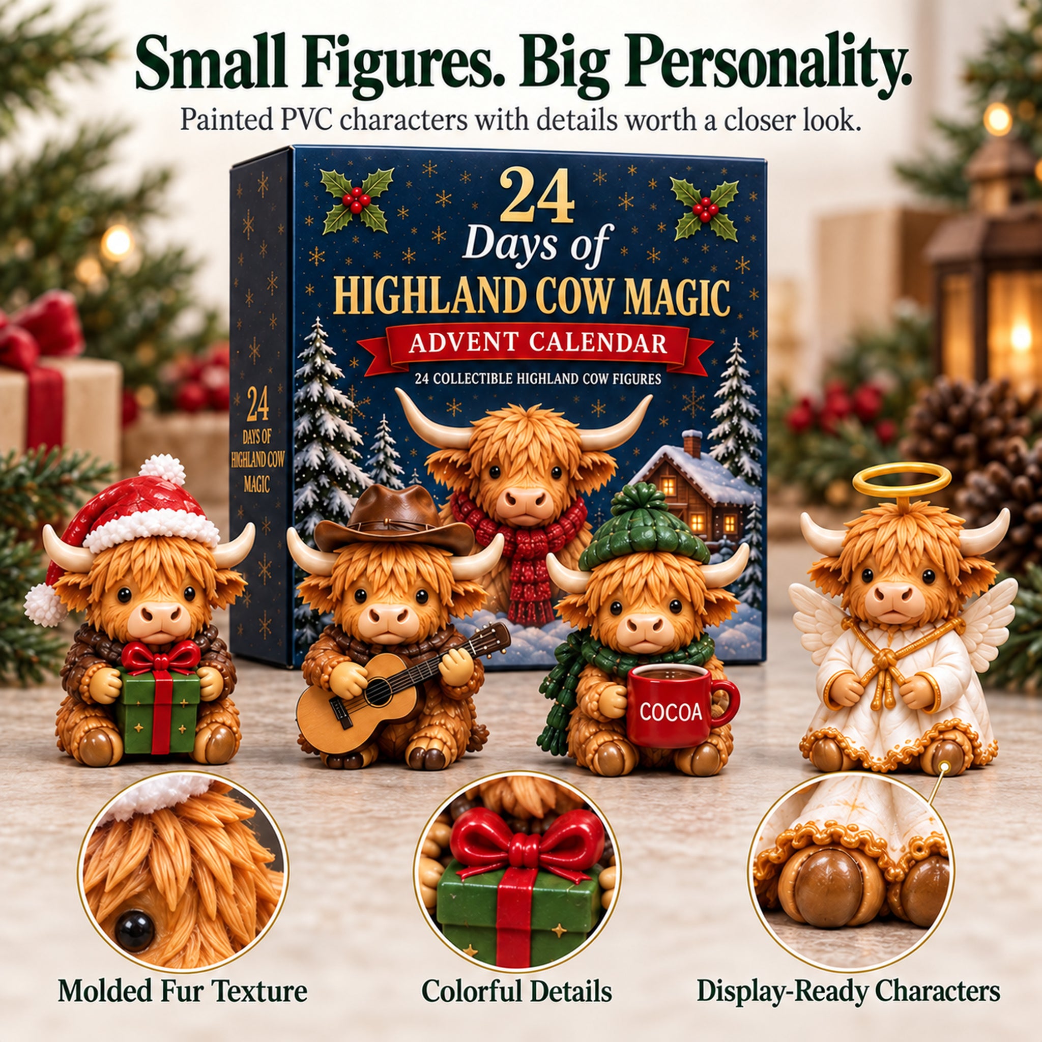 Close-up details of colorful Highland cow collectible characters