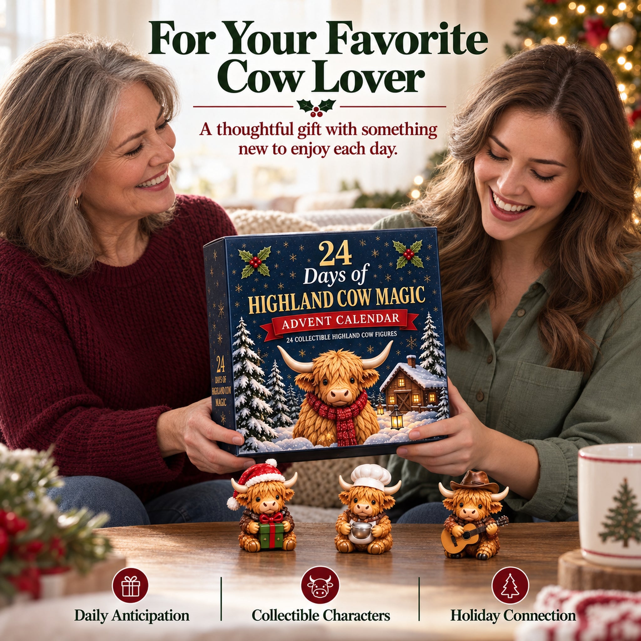 A Highland cow lover opening the advent calendar as a Christmas gift