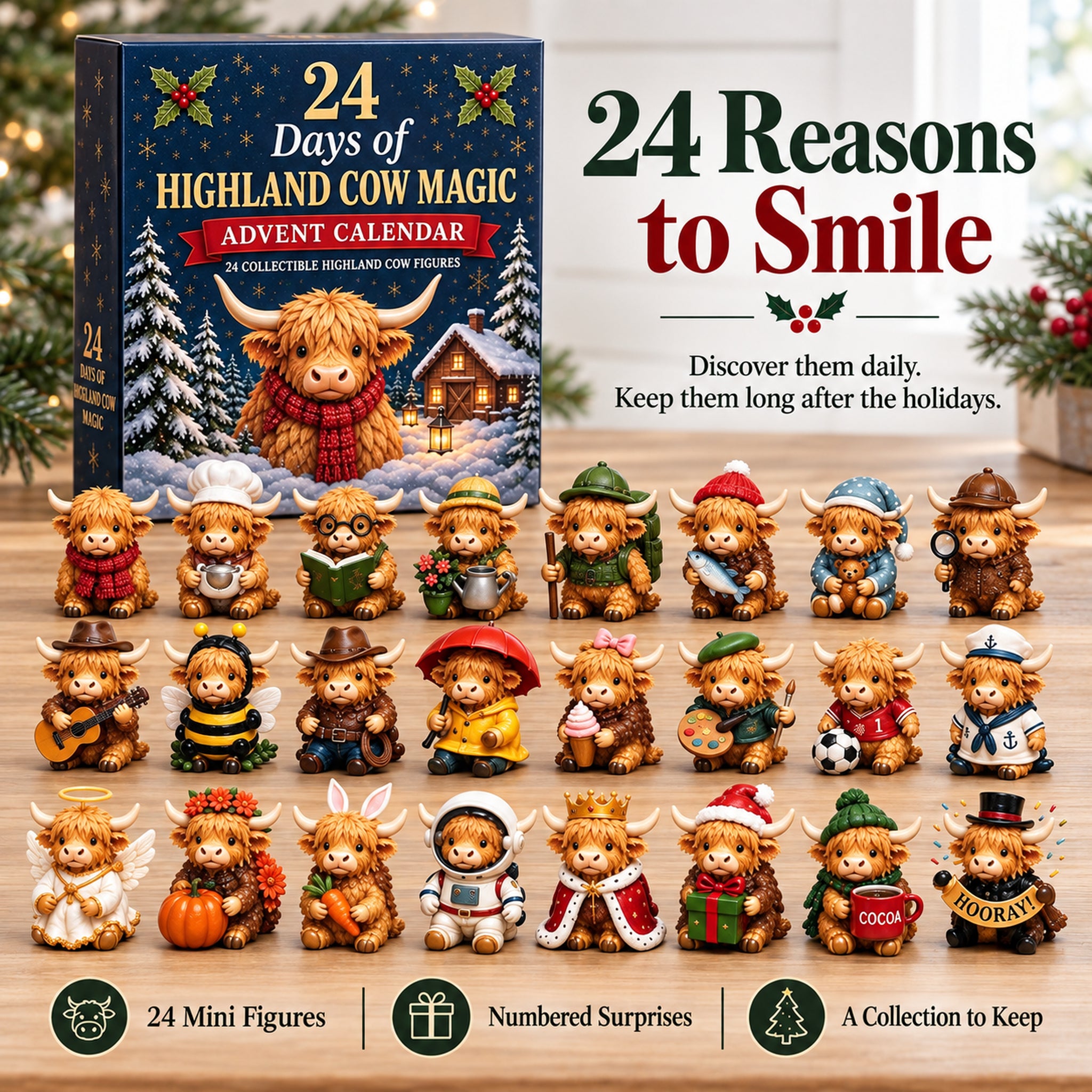 Highland cow advent calendar shown with the complete collection of 24 characters