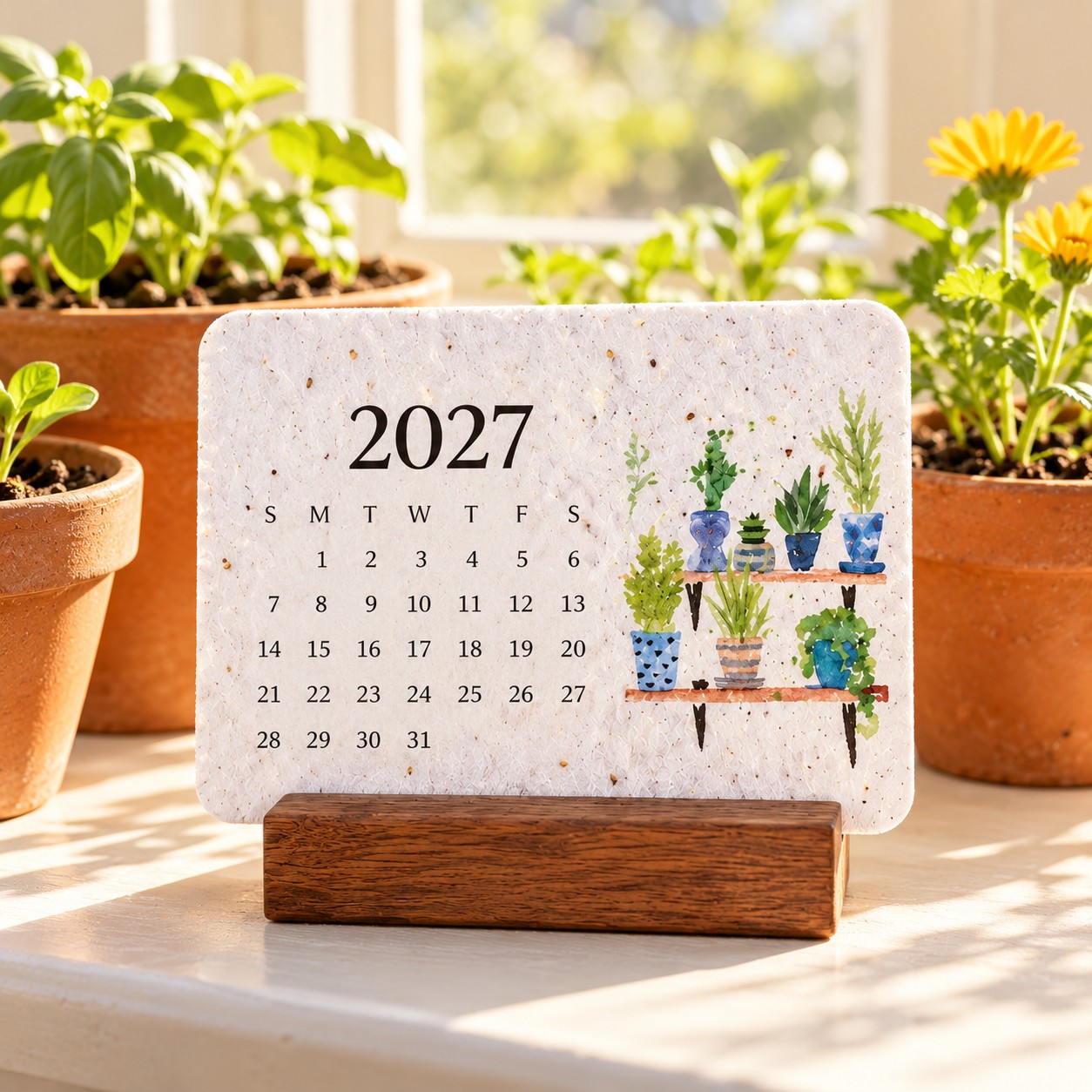 2027 plantable seed-paper calendar on a wooden stand beside growing plants