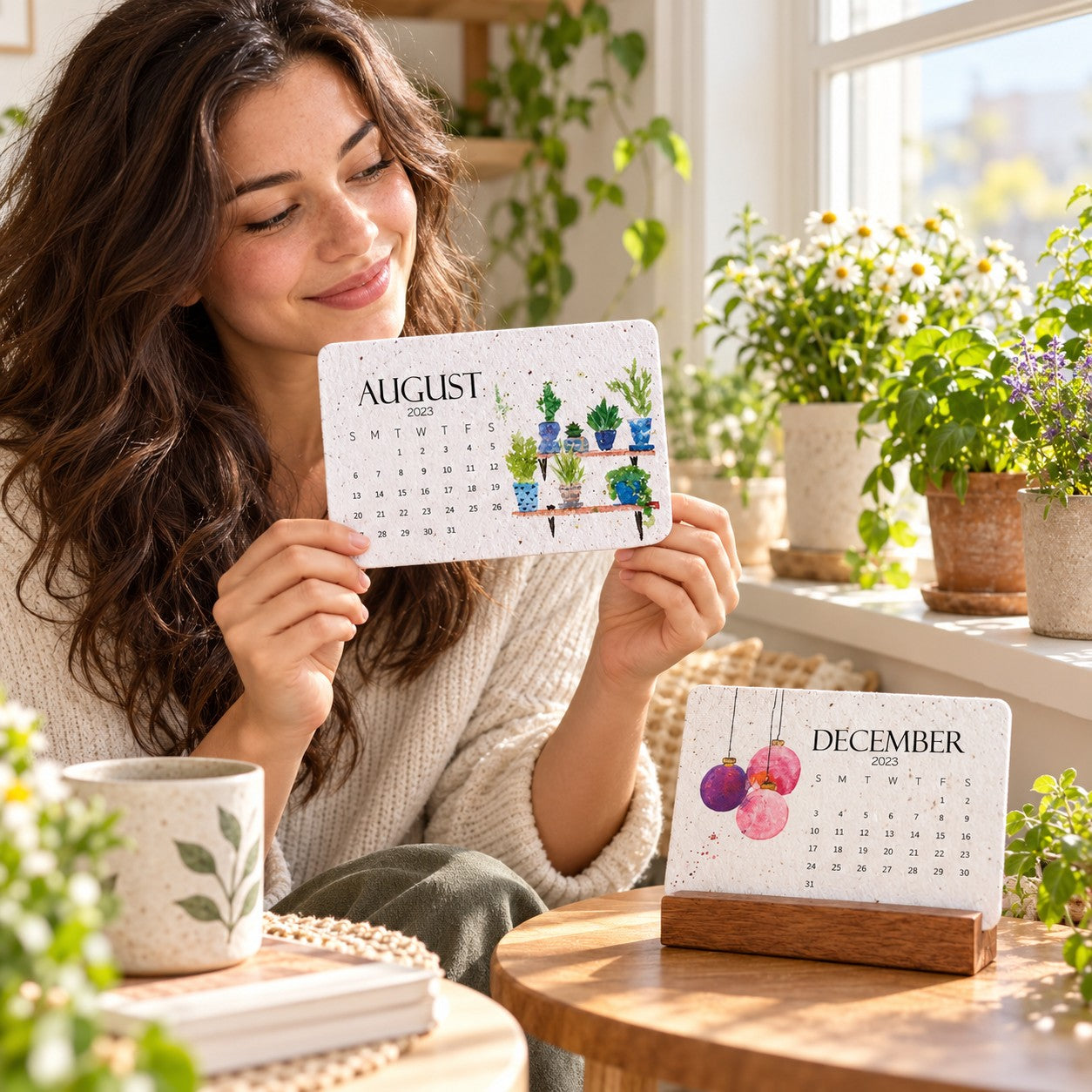 Plant lover holding a watercolor seed card beside the calendar and indoor plants