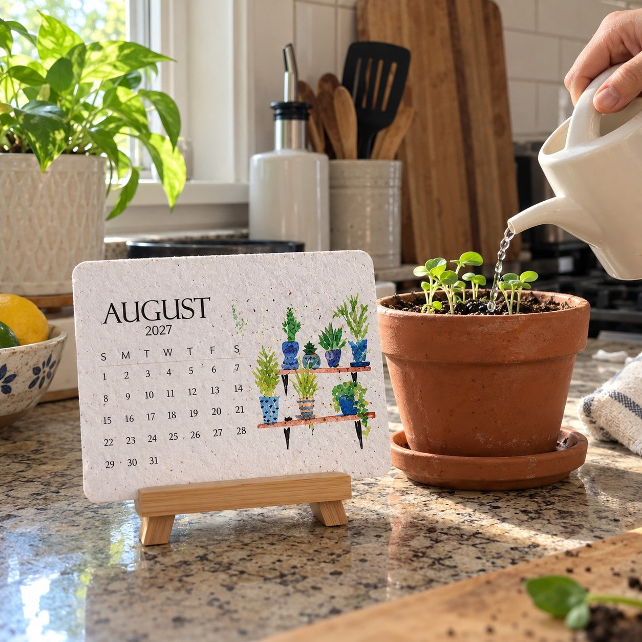 Illustrative everyday home view of the seed calendar and a growing pot
