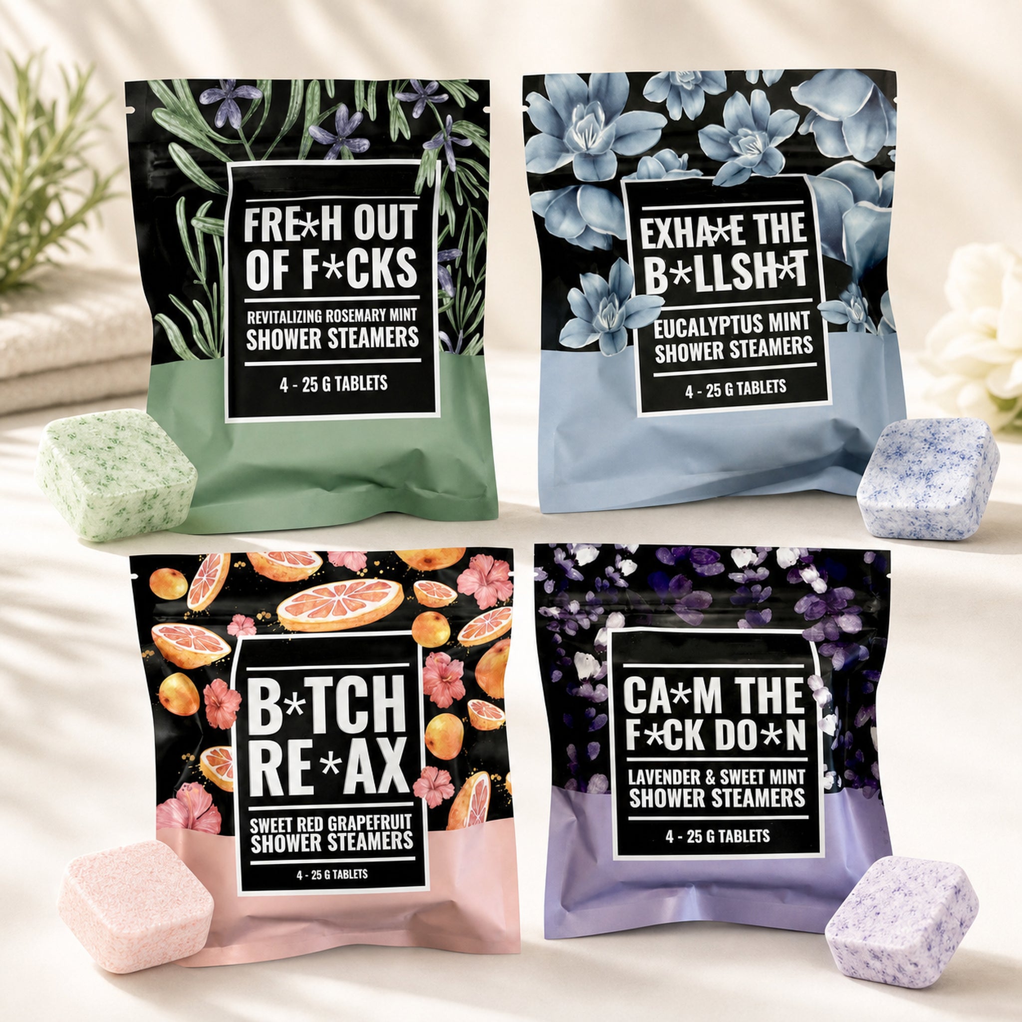Four Swear Shower Steamers scent pouches with matching colored tablets