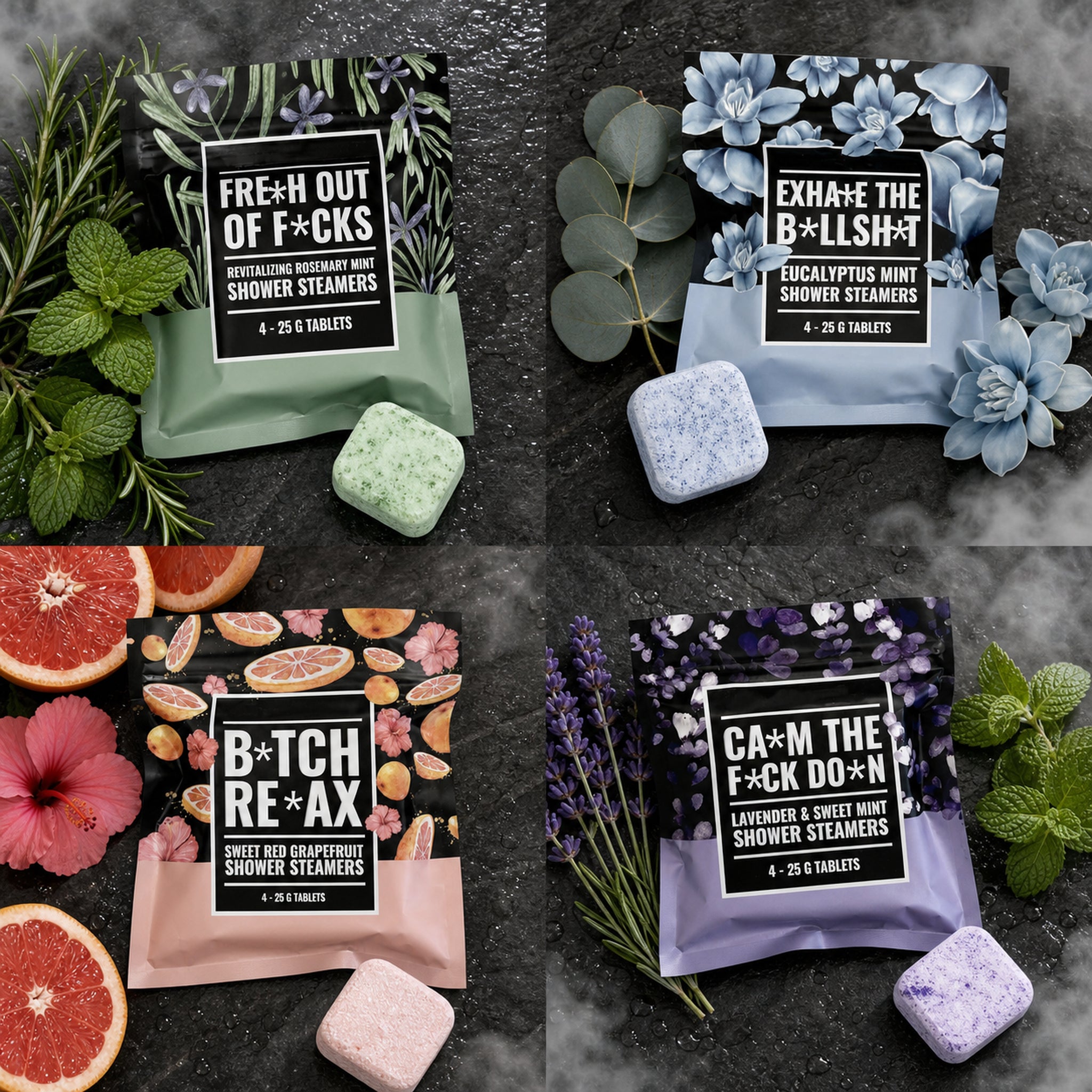Detailed scent lineup with shower steamers, herbs, citrus, and florals