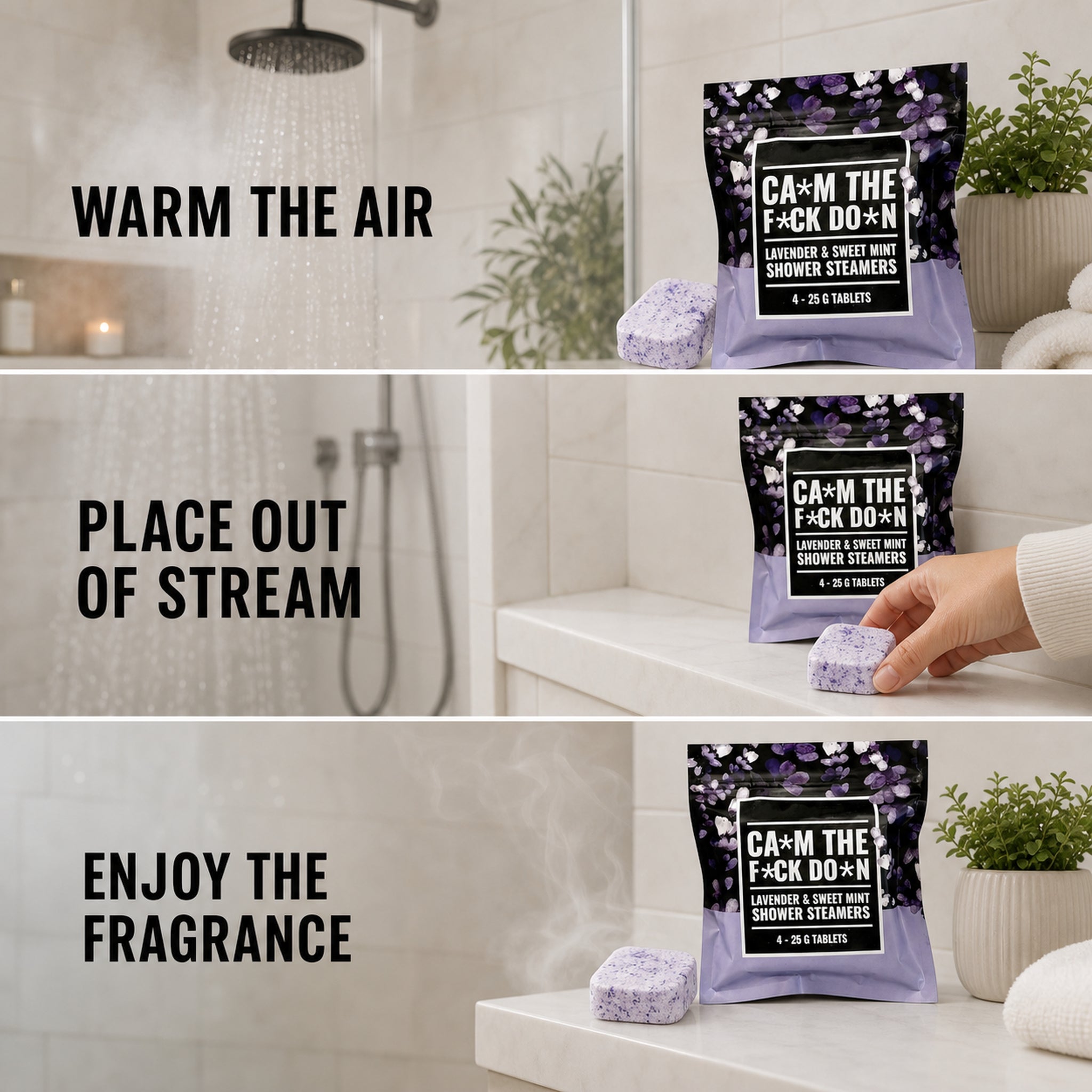 Swear Shower Steamers scent choices, shower placement, gifting, and customer-style use scenes
