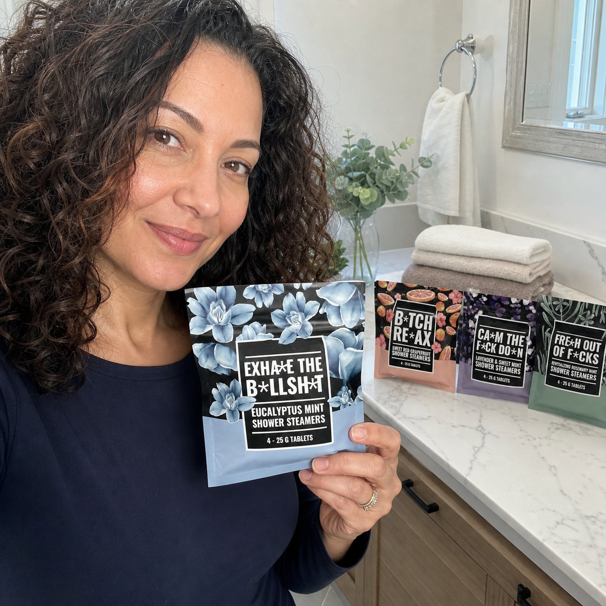 Customer-style bathroom scene showing Swear Shower Steamers pouches