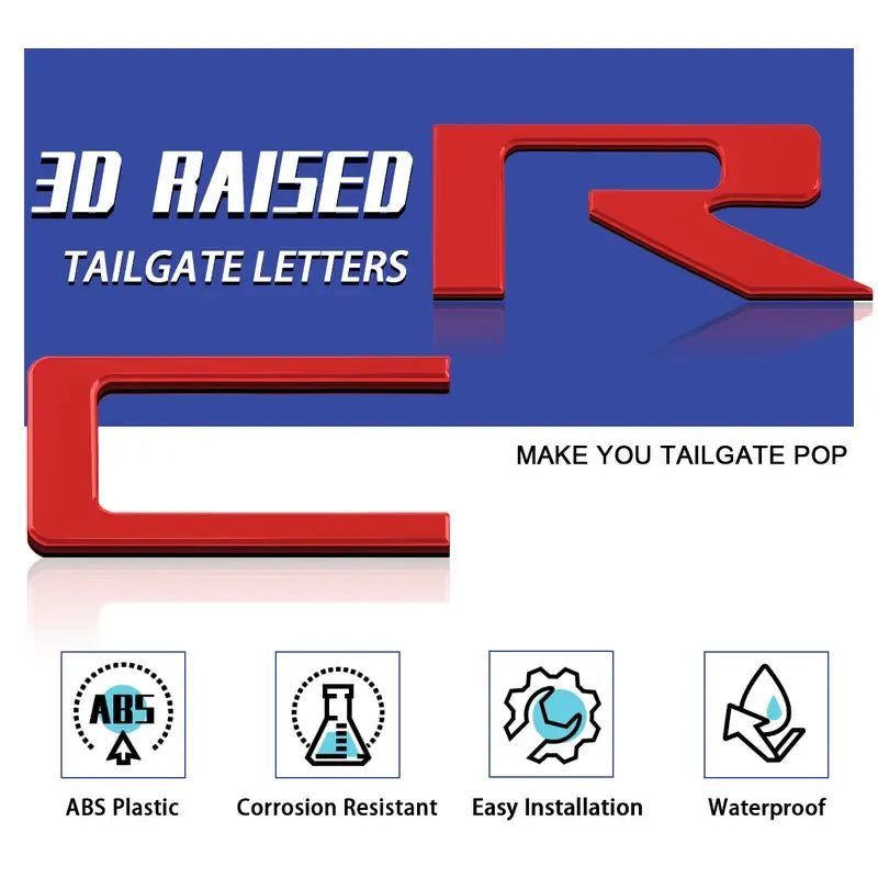 Raised red tailgate letter overlays with a three-dimensional ABS profile