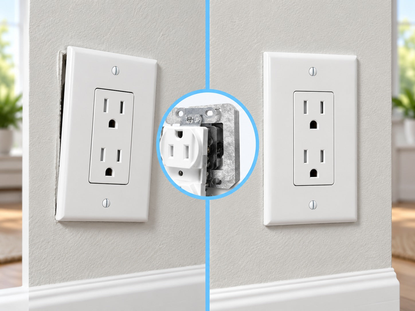 Crooked wall outlet before repair and straight flush outlet after spacer installation